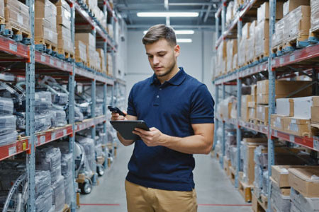 Warehouse clerk uses Serious ERP inventory management system on a tablet while doing an Inventory Audit