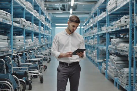 Warehouse clerk uses Serious ERP inventory management system on a tablet while doing an Inventory Audit.